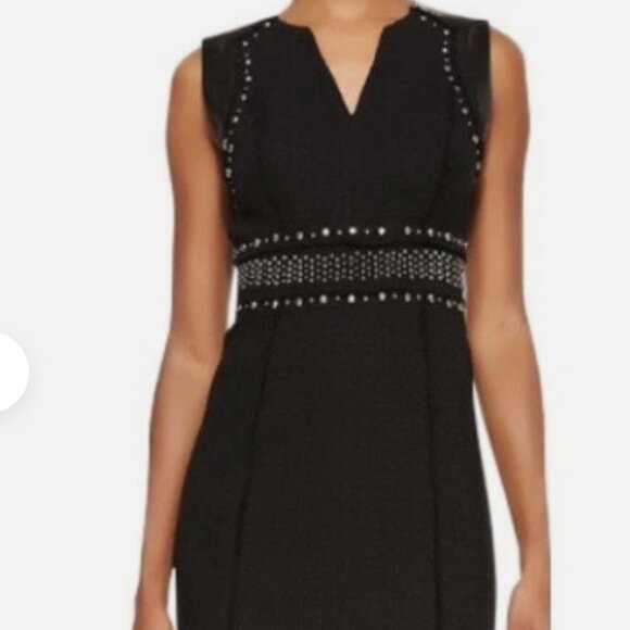 Rebecca Taylor Black Studded Tweed V-Neck Sleeveless Dress with Leather Accents - Picture 1 of 5